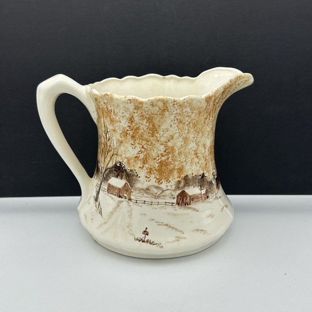 Hand Painted Ceramic Water Pitcher Winter Cabin Barn Windmill SIGNED VTG 1979
